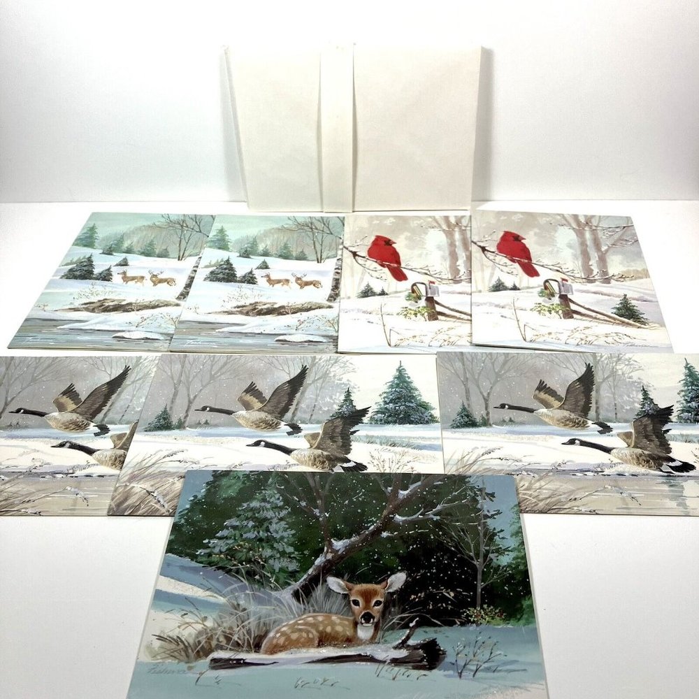 8 Vintage Glittery Christmas Sunshine Cards, Unused Wildlife Deer Geese Fawn